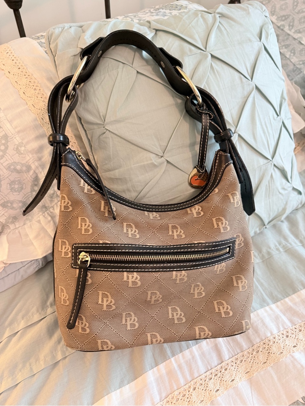 Dooney & Bourke Tan Monogram Shoulder Bag with Black Trim
